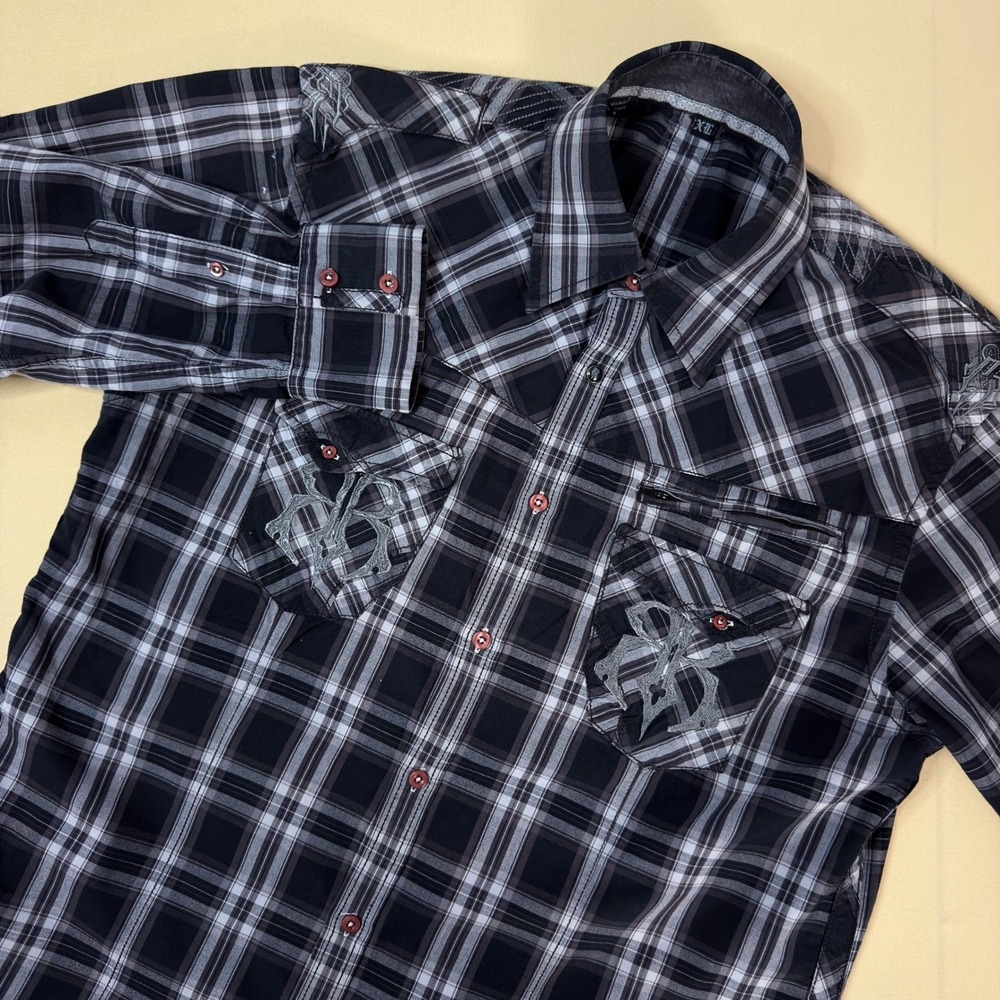 ROAR Signature Men's XL Shirt Black White Plaid Embroidered Western Y2K Rocker